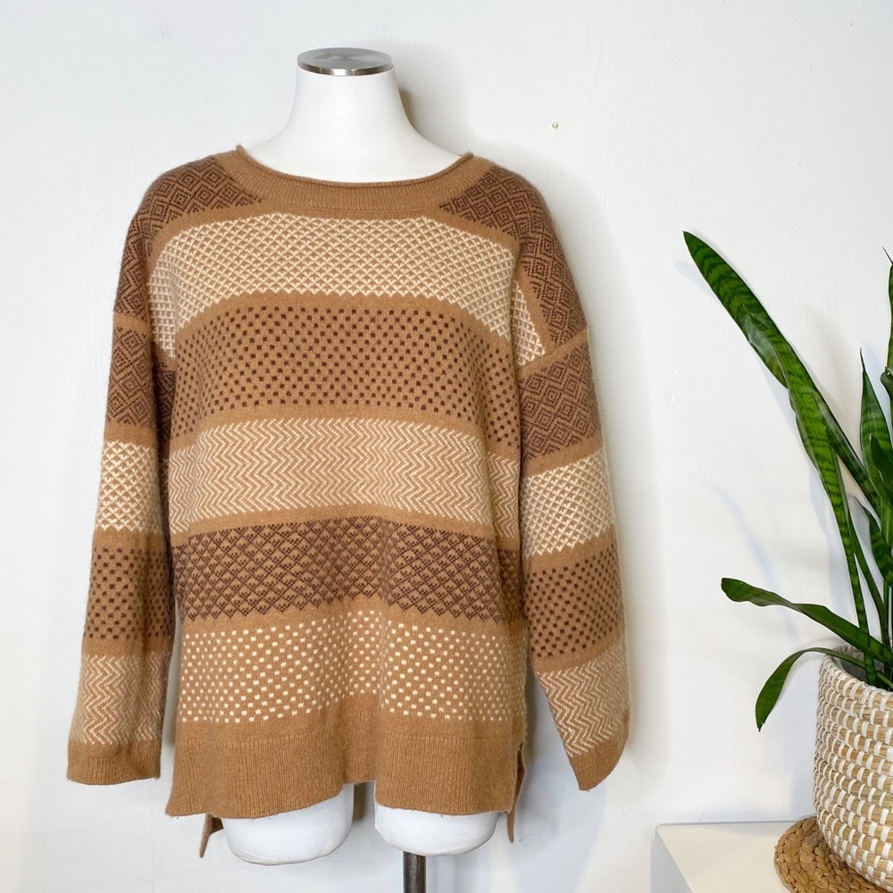 Gudrun Sjoden | Cozy Fuzzy Brown Tan Stripe Lagenlook Wool Knit Sweater Sz. L